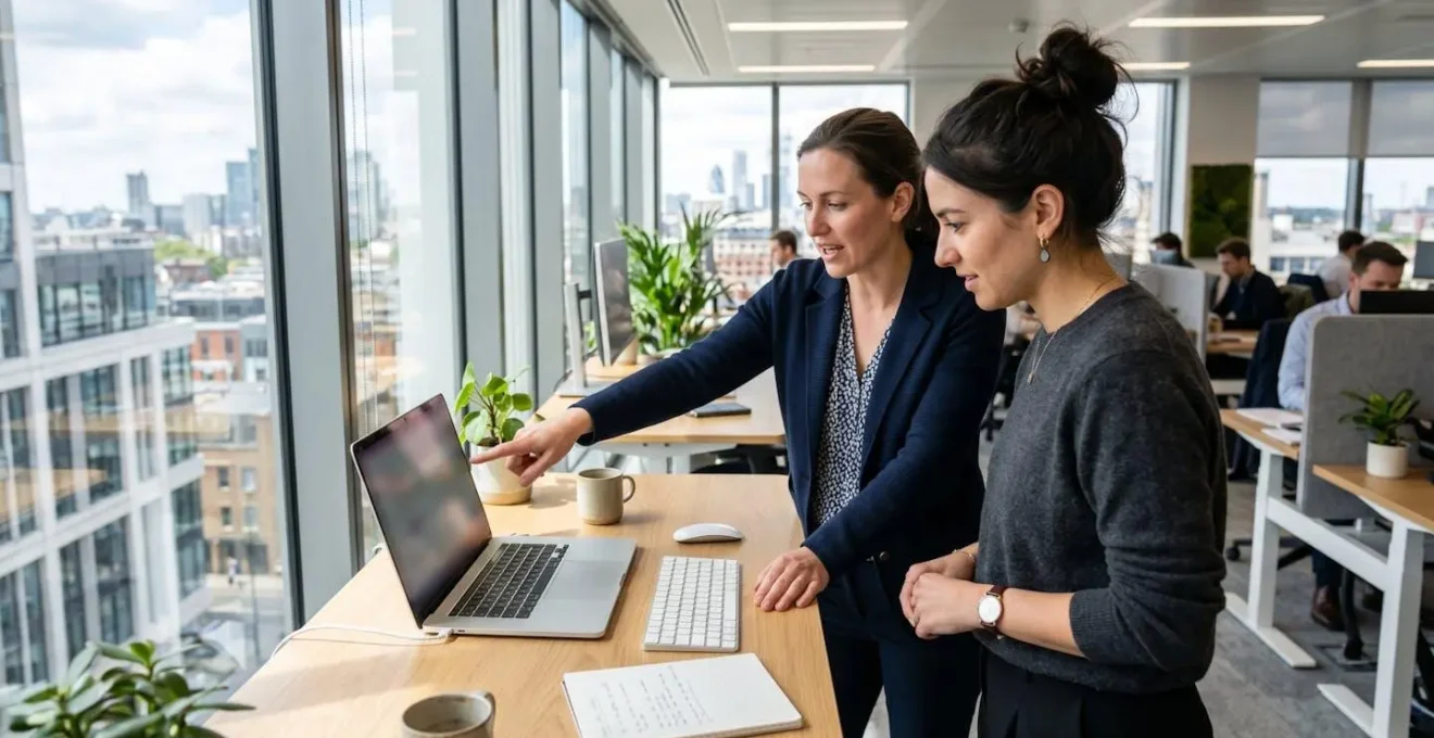 Two marketing professionals standing at a desk, one pointing toward a laptop screen while the other looks on, in a bright modern office with natural light