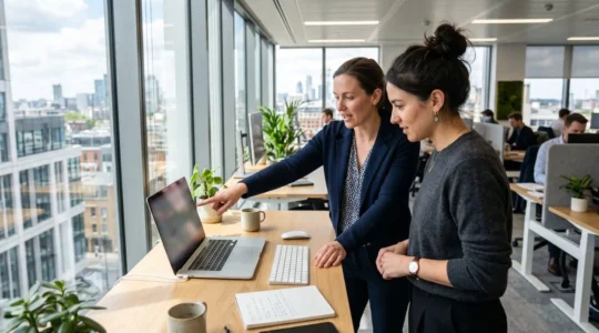 Two marketing professionals standing at a desk, one pointing toward a laptop screen while the other looks on, in a bright modern office with natural light