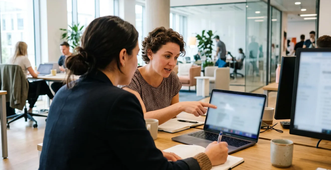 Two marketing professionals collaborating over a laptop in a bright modern office, engaged in focused discussion