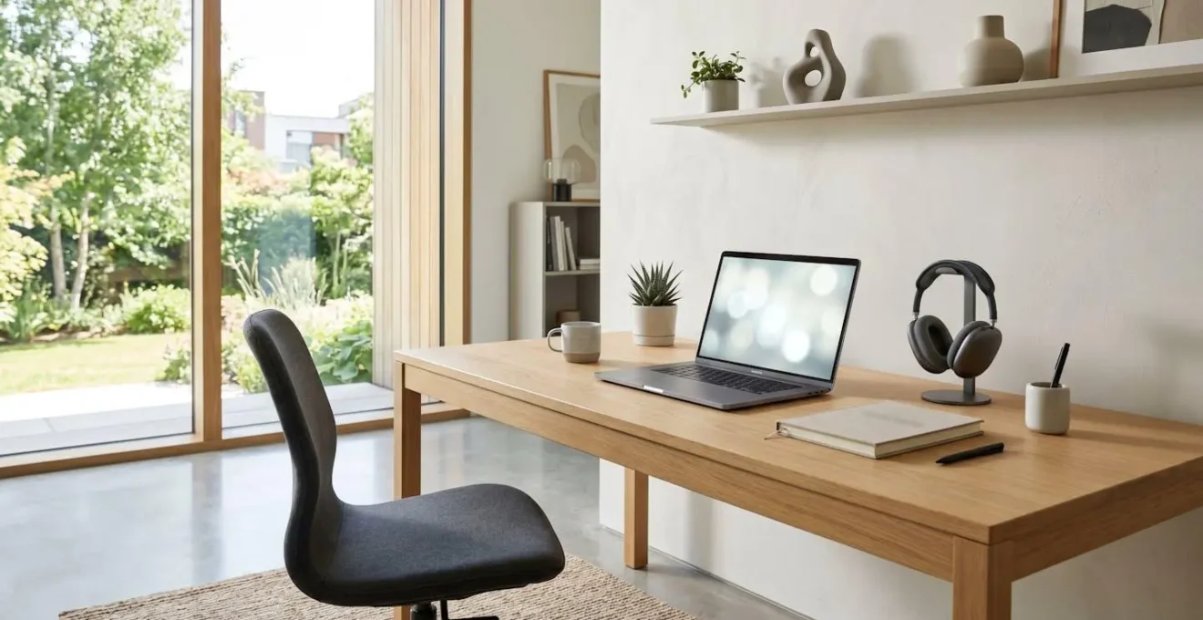 A clean, organized home office workspace with an open laptop, headphones resting nearby, and a notebook on the desk, bathed in natural window light, no person visible