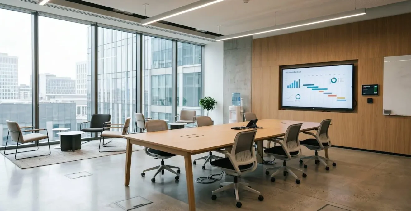 A contemporary corporate meeting room with large windows flooding the space with natural light, featuring clean modern design and a presentation screen