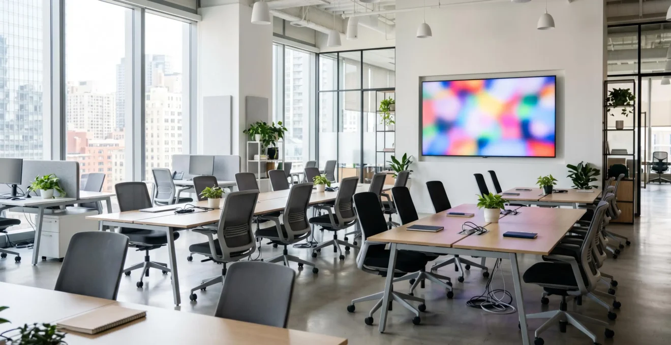 Contemporary bright office workspace with large display screen showing presentation content, empty chairs arranged for team viewing