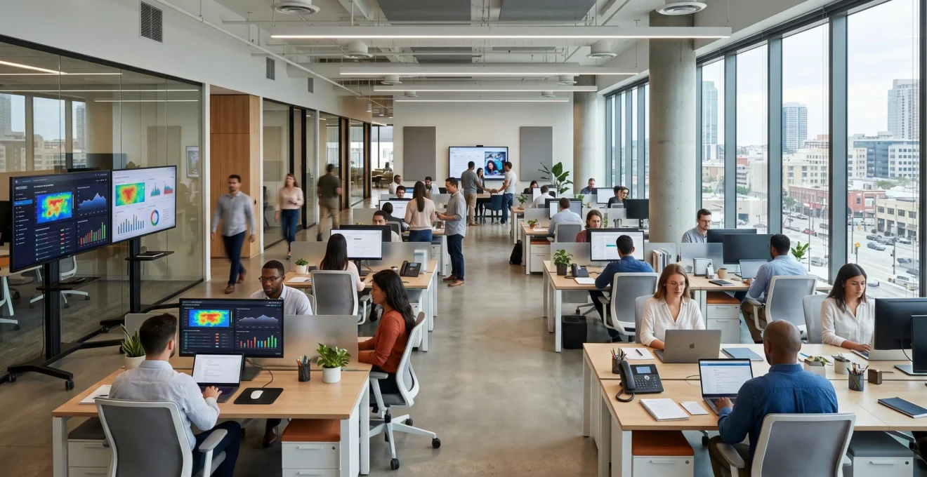 Modern office workspace with multiple monitors displaying video content analytics dashboards, with abundant natural light from large windows