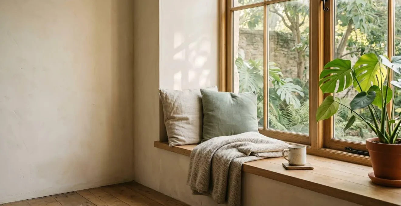 Warm natural light streaming through a window onto a cozy reading nook with soft textiles and plants, symbolizing restful staycation at home