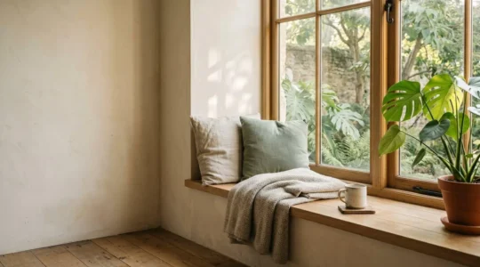 Warm natural light streaming through a window onto a cozy reading nook with soft textiles and plants, symbolizing restful staycation at home