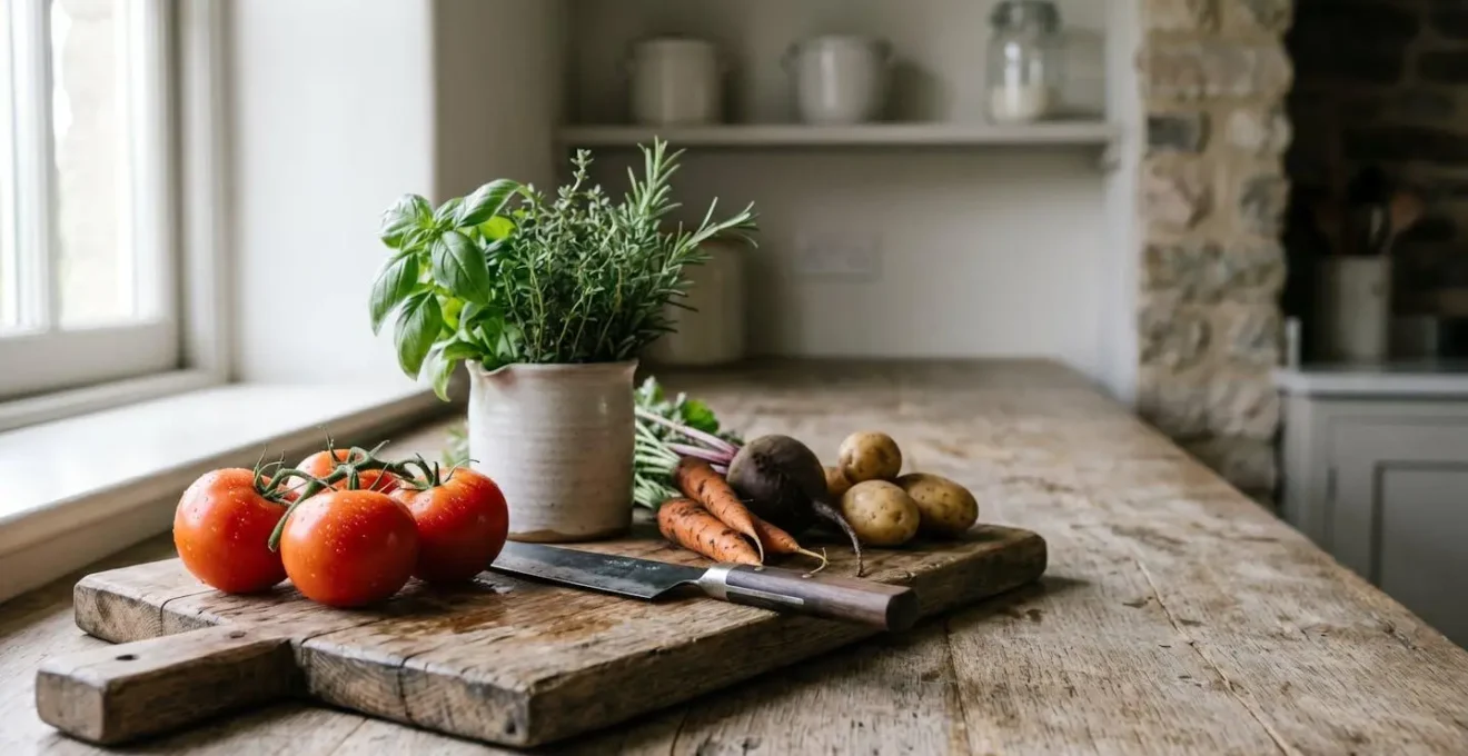 Fresh seasonal vegetables arranged with chef's knife on wooden cutting board showcasing peak harvest quality and culinary preparation