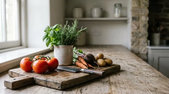 Fresh seasonal vegetables arranged with chef's knife on wooden cutting board showcasing peak harvest quality and culinary preparation