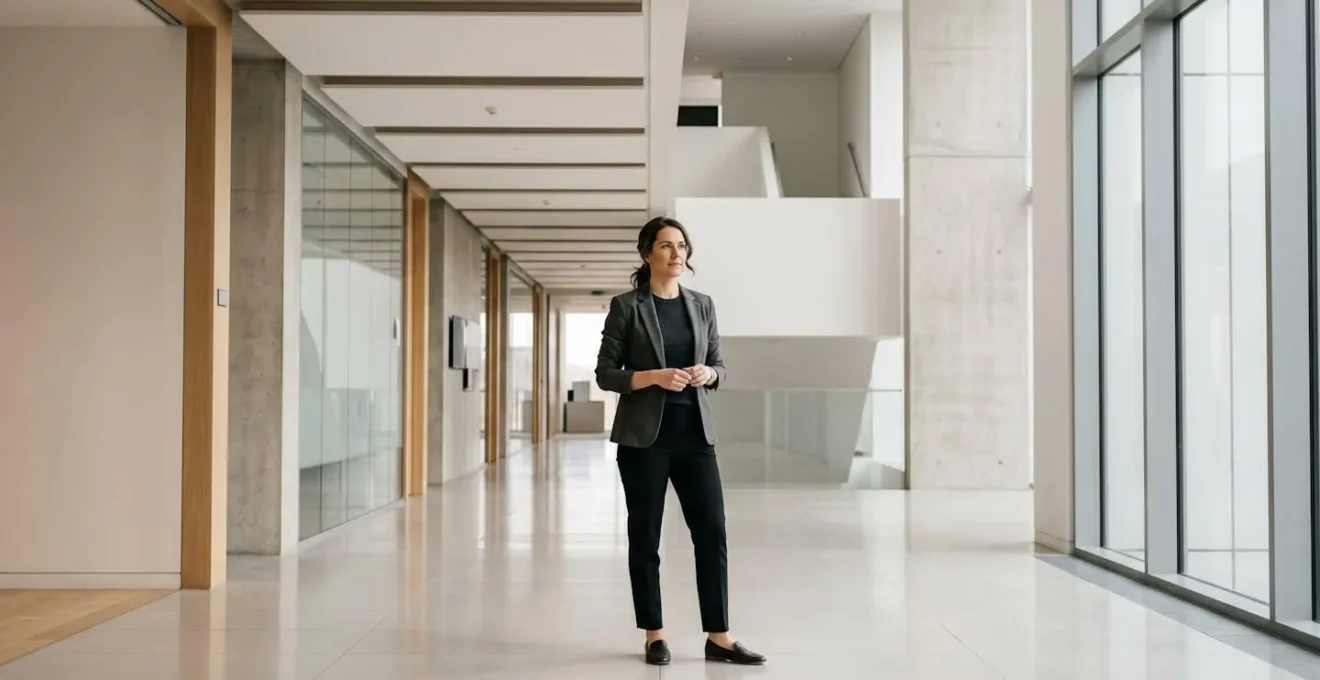 Professional individual standing confidently in minimalist environment with strategic positioning elements symbolizing expertise and authority