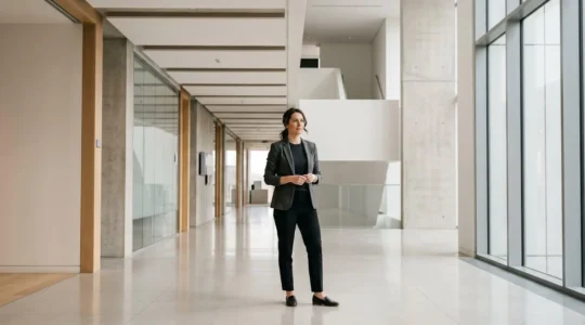 Professional individual standing confidently in minimalist environment with strategic positioning elements symbolizing expertise and authority