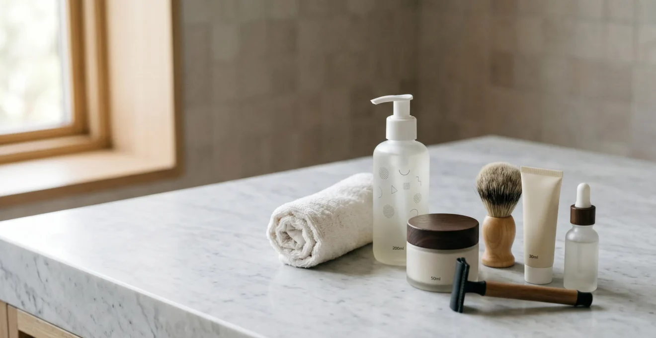 Clean minimalist bathroom counter with essential grooming products arranged in morning natural light