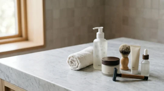 Clean minimalist bathroom counter with essential grooming products arranged in morning natural light