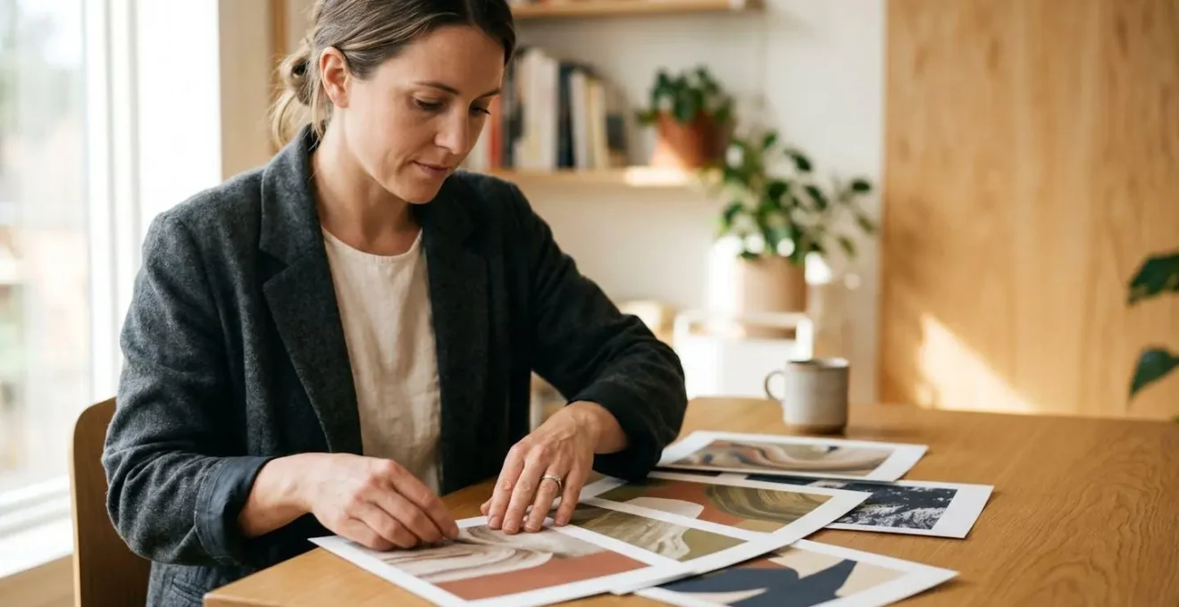 Professional creative reviewing curated portfolio pieces with intentional selective focus