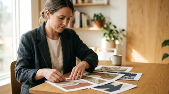 Professional creative reviewing curated portfolio pieces with intentional selective focus