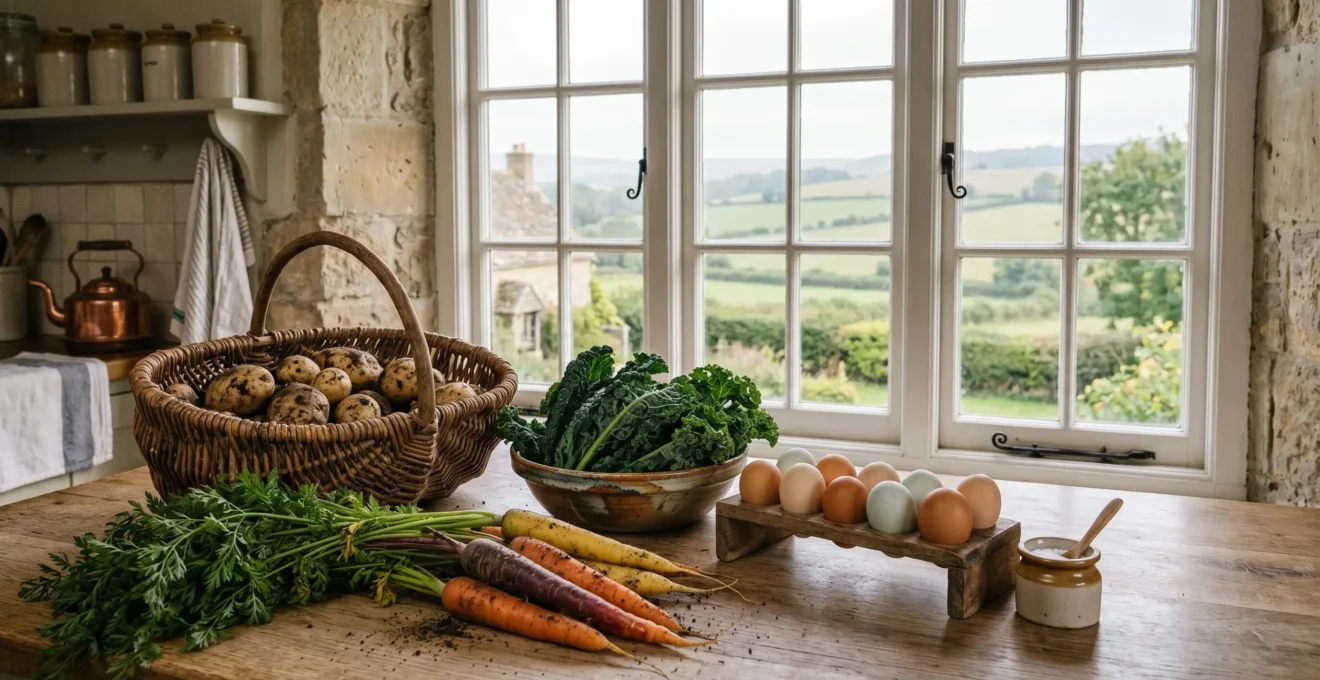 Farm-fresh vegetables and local produce arranged on a rustic British kitchen table with natural morning light