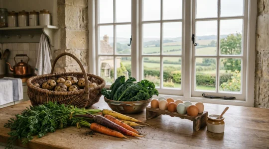 Farm-fresh vegetables and local produce arranged on a rustic British kitchen table with natural morning light