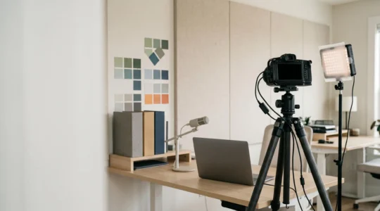 Professional video production workspace showcasing systematic workflow organization