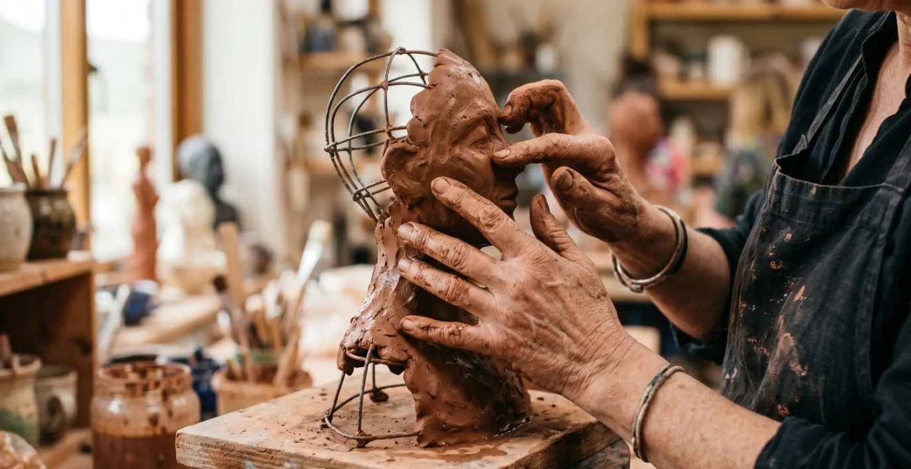Sculptor's hands carefully molding clay around a metal armature framework in a natural light-filled studio workshop