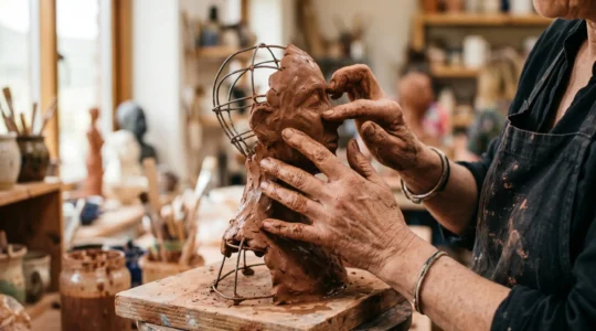 Sculptor's hands carefully molding clay around a metal armature framework in a natural light-filled studio workshop