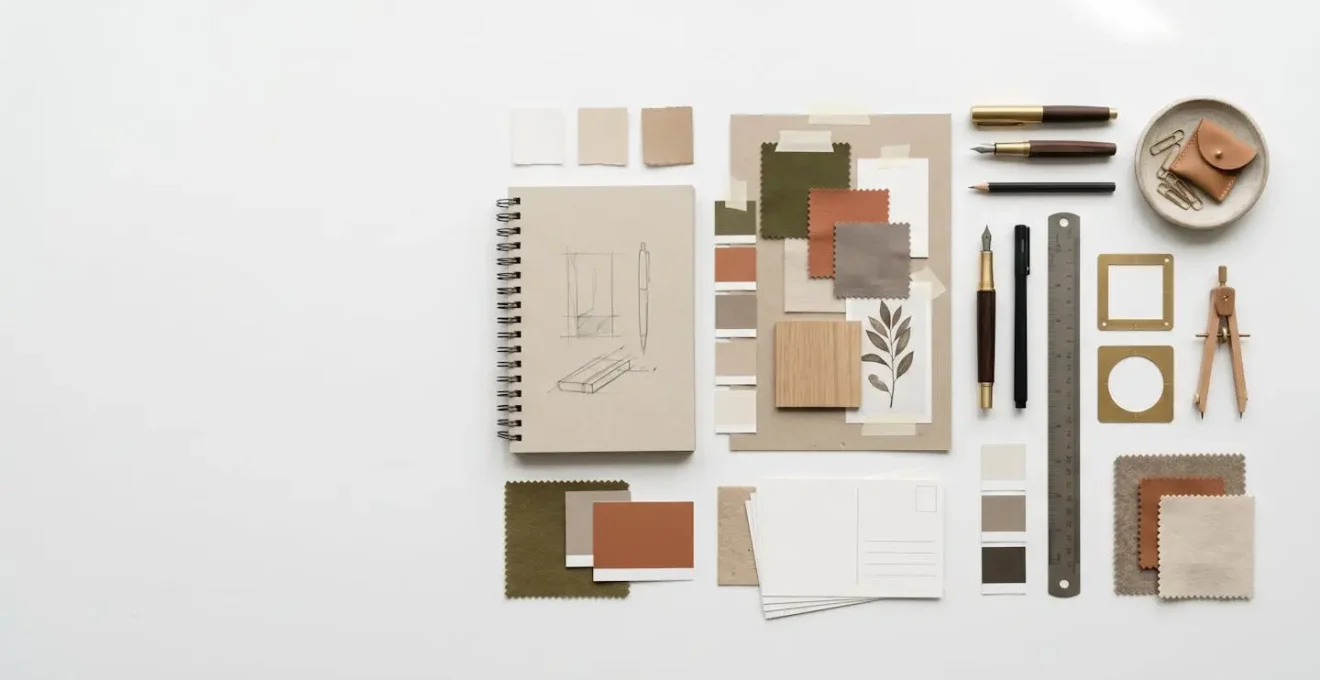 Creative workspace displaying design tools and materials arranged with visual consistency showing professional aesthetic development