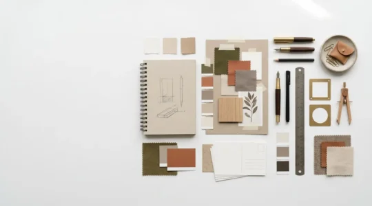 Creative workspace displaying design tools and materials arranged with visual consistency showing professional aesthetic development