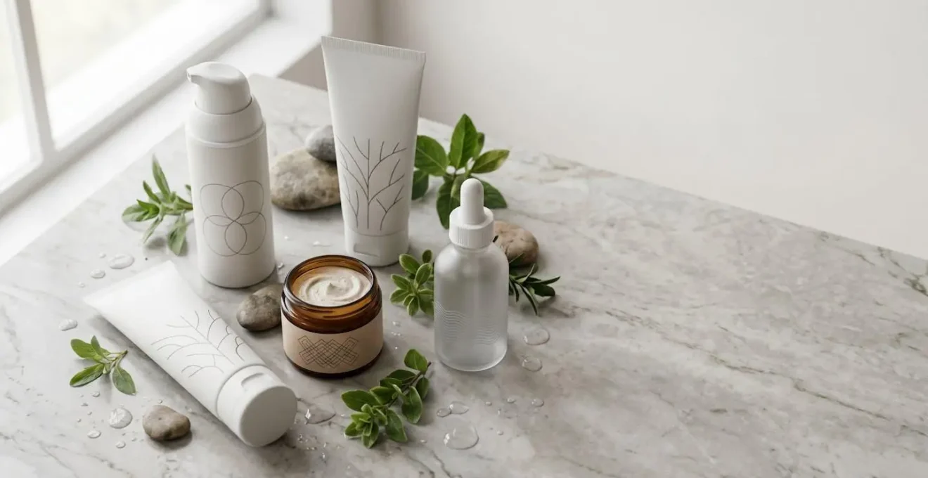 Minimalist skincare routine setup with essential products and natural ingredients arranged artfully