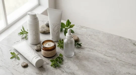 Minimalist skincare routine setup with essential products and natural ingredients arranged artfully
