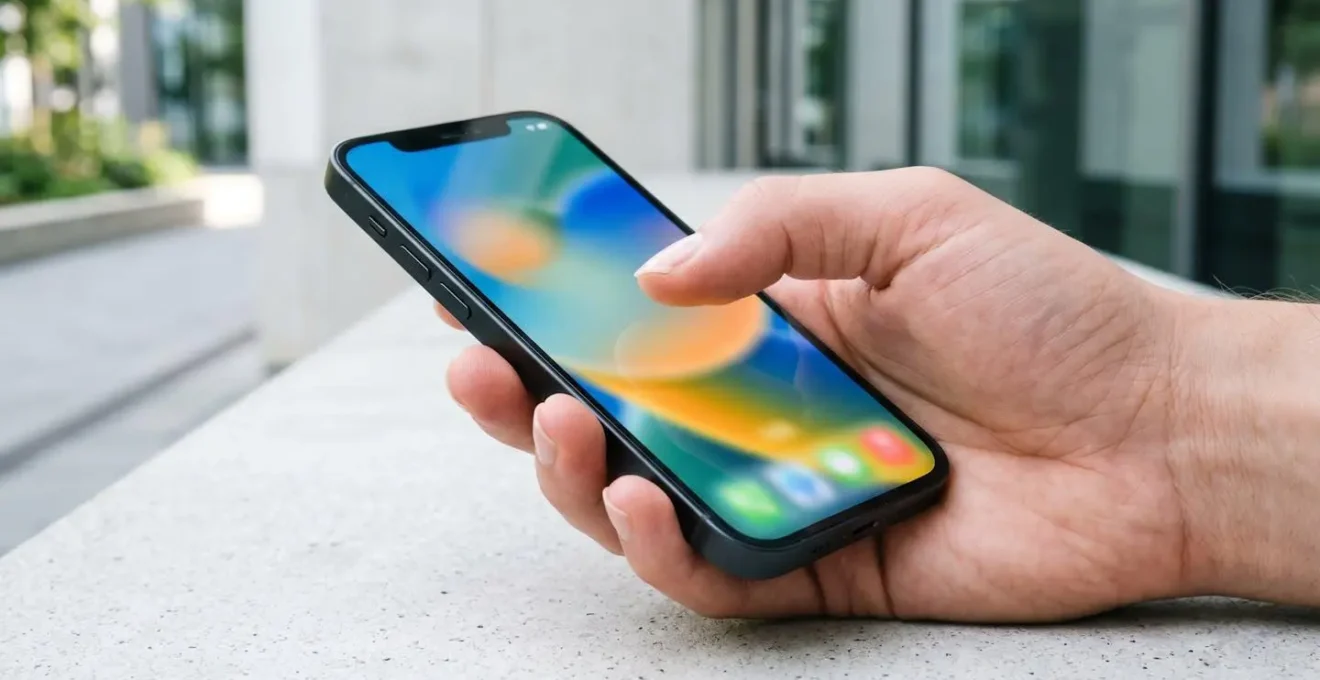 Close-up of a hand holding a contemporary smartphone, finger poised to tap the screen