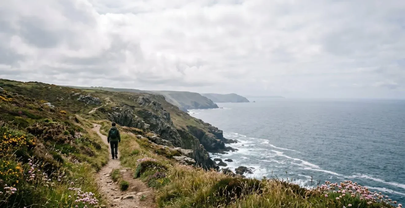 A solitary hiker walking along a dramatic coastal footpath with sweeping views of untouched British coastline under natural light