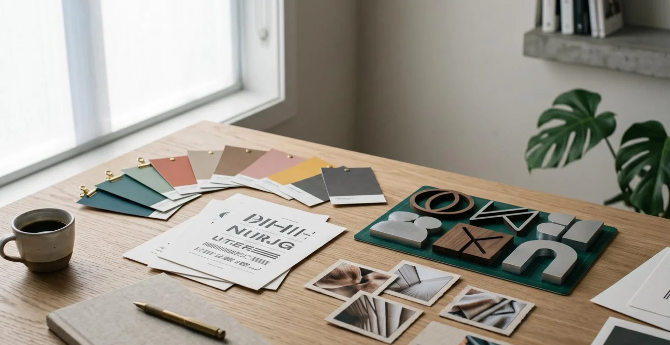 Professional editorial scene showing cohesive visual brand elements arranged systematically without text or interfaces