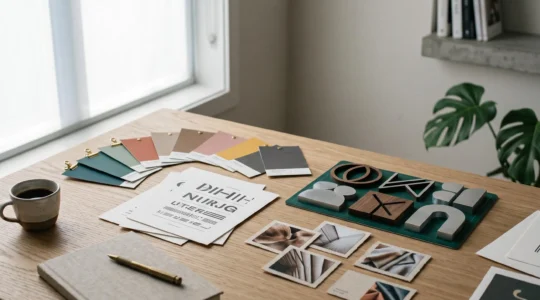 Professional editorial scene showing cohesive visual brand elements arranged systematically without text or interfaces