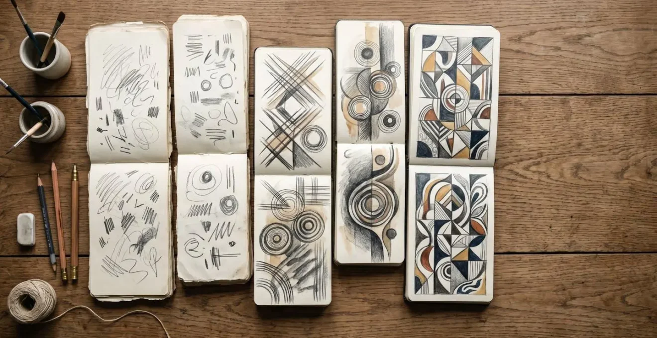 An overhead view of an artist's workspace showing multiple open sketchbooks with evolving visual patterns and coherent artistic motifs emerging across pages