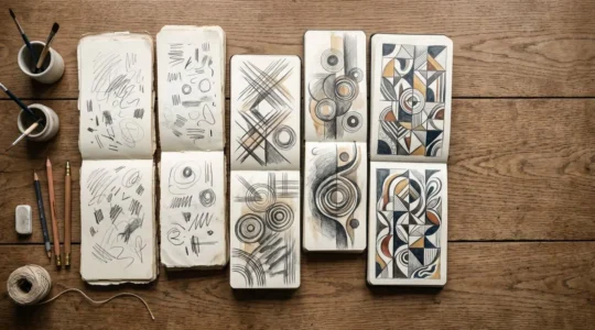 An overhead view of an artist's workspace showing multiple open sketchbooks with evolving visual patterns and coherent artistic motifs emerging across pages